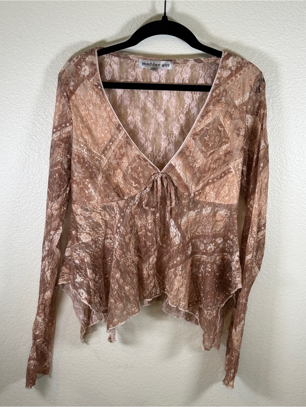 Madden Girl Sheer Lace Peplum Top in Blush Brown